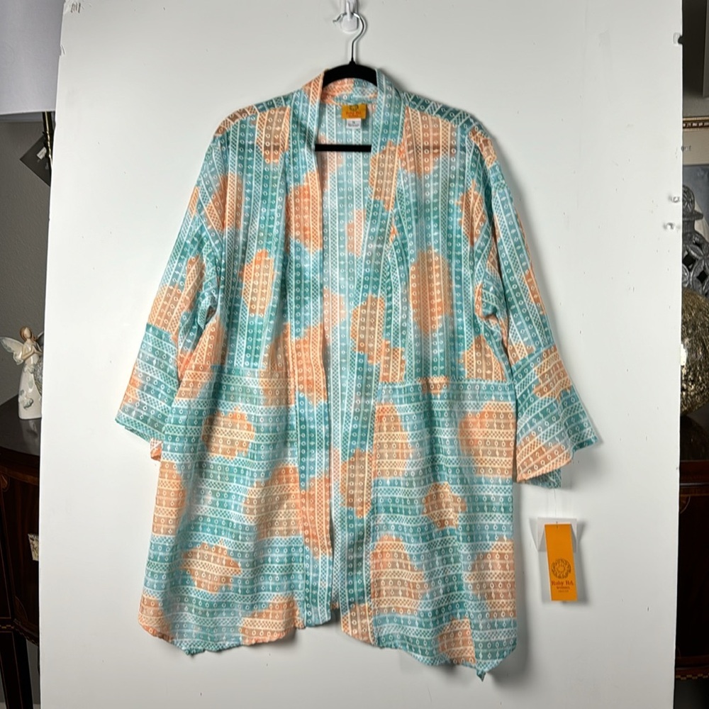 Ruby Rd Sz 1X KIMONO NWT aqua&orange  Lacey fabric Cover up beach pool resort
